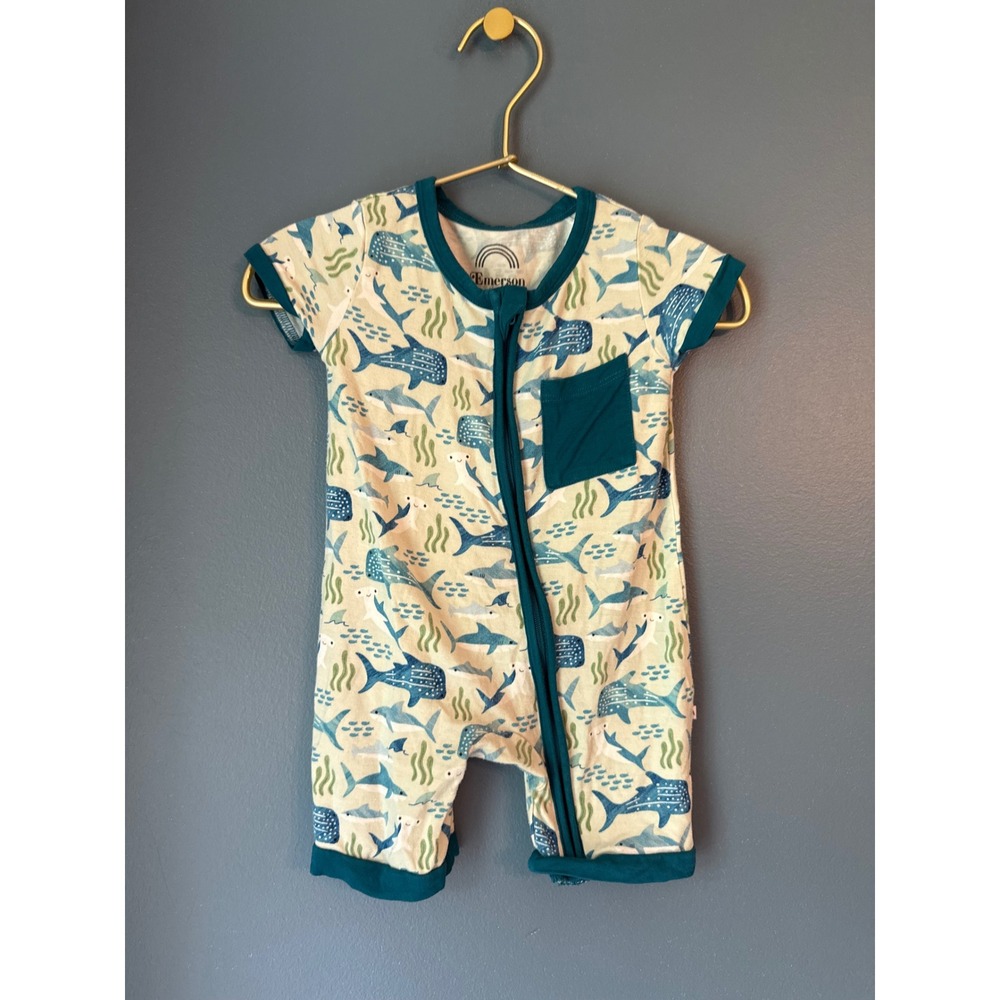 Emerson and Friends Shark Bamboo Romper Blue Teal 6-12M